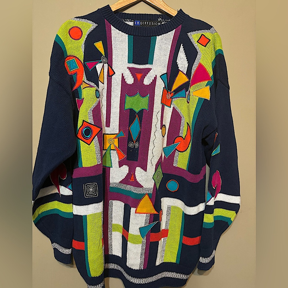 I.B. DIFFUSION Vintage 90’s Retro Abstract Pattern Vibrant Multi Colour Sweater